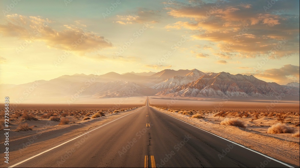 Golden Hour Journey, Endless Road Amidst Majestic Mountains and Expansive Desert