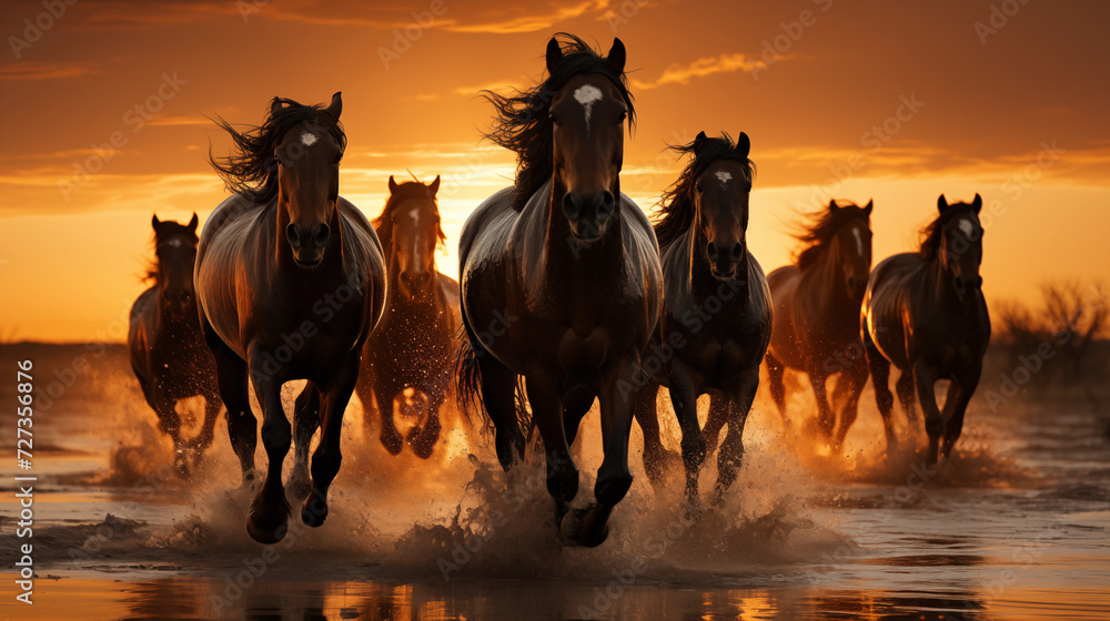 Obraz premium Herd of wild horses galloping across the water on the desert prairie. Herd of mustangs in the rays of the setting sun. Generative AI