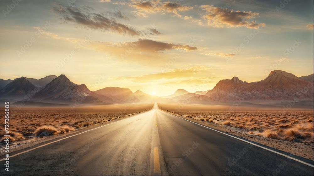 Golden Sunrise Over Desert Highway, Majestic Mountains Horizon