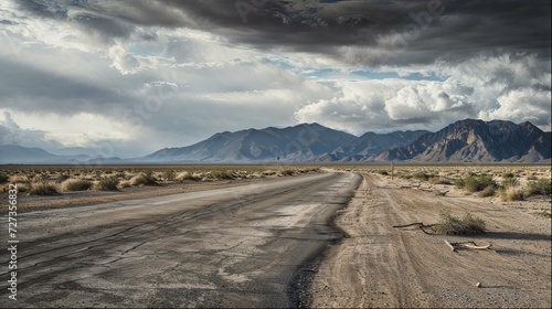 Desert Road Journey, Majestic Mountains and Dramatic Cloudy Sky