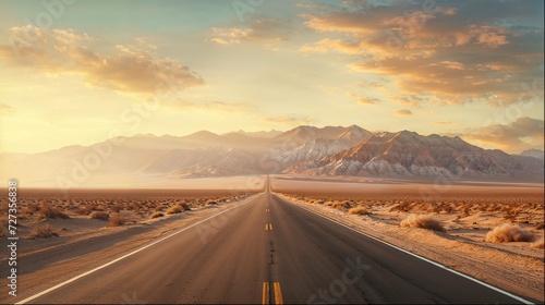 Golden Hour Journey, Endless Road Amidst Majestic Mountains and Expansive Desert