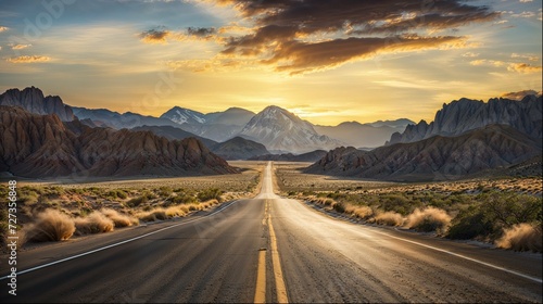 Golden Hour Journey, Majestic Mountains and Endless Road © Pedro Llinas