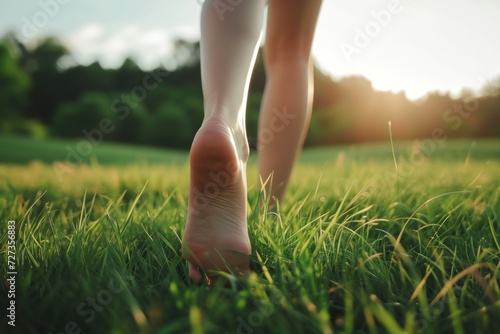Barefoot in nature, concept of freedom and happiness. Background with selective focus and copy space photo