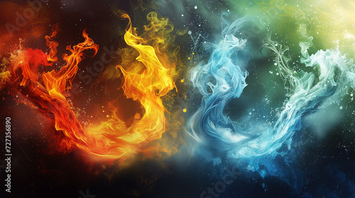 Abstract background of fire and water element intertwining in a dynamic dance wallpaper