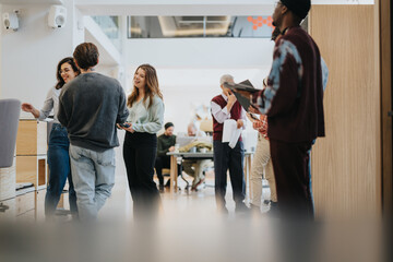 A group of casually dressed business colleagues engaging in a friendly conversation in a bright, contemporary office space.
