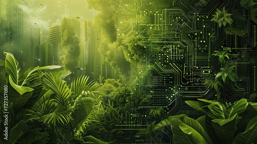 Vision of a parallel universe where nature and technology are seamlessly integrated, with digital plants and circuit board forests