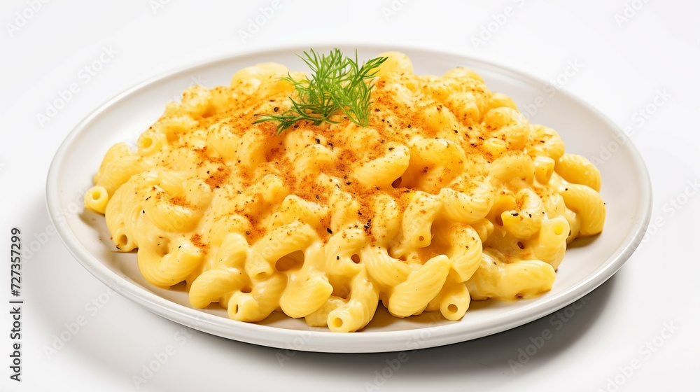 Side View of a Delicious Plate of Macaroni and Cheese on a White Background