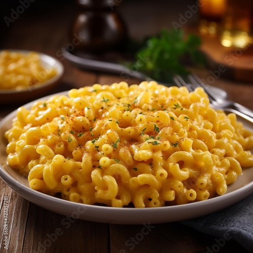 Close-up of Delicious Plate of Macaroni and Cheese on a Wooden Table
