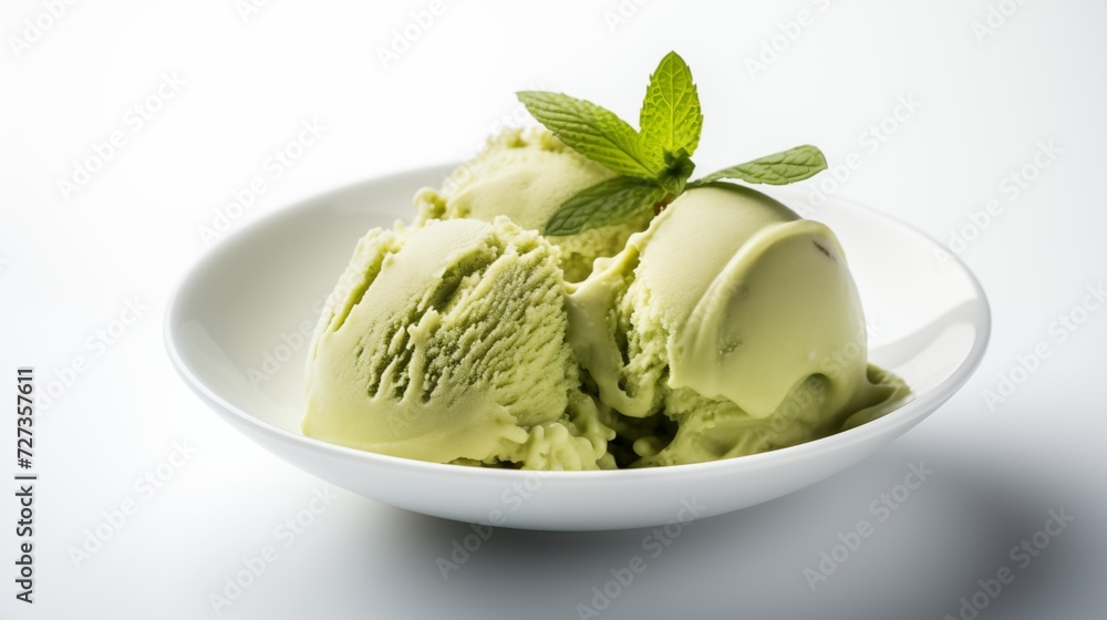 Delicious Plate of Matcha Green Tea Ice Cream on a White Background Delicious Plate of Matcha Green Tea Ice Cream on a White Background