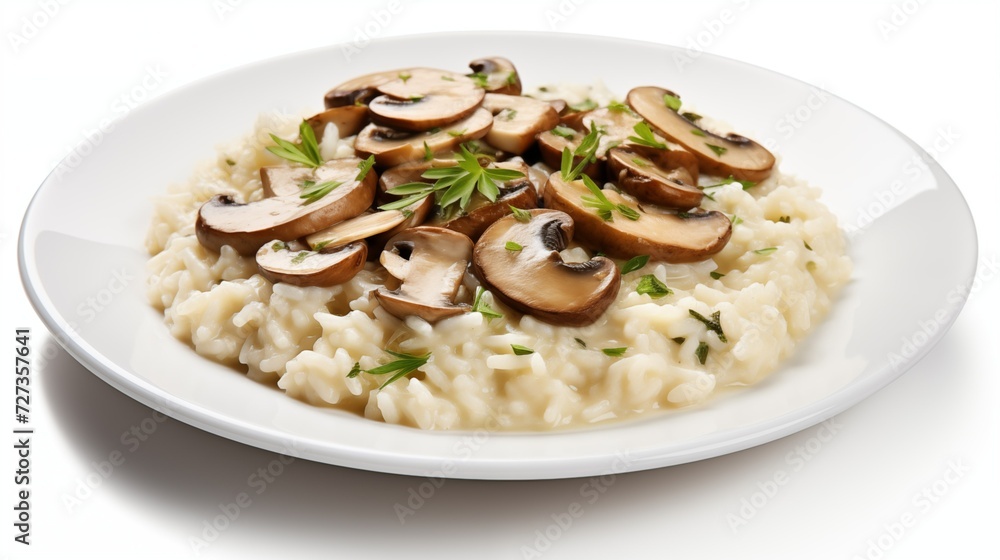 Delicious Plate of Italian Mushroom Risotto on a White Background Delicious Plate of Italian Mushroom Risotto on a White Background