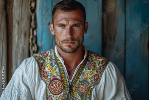 Ukrainian man in national clothes of Ukraine detailed photography texture. Ukraine man portrait. Horizontal format