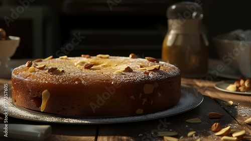 Homemade almond cake on a wooden background. Selective focus.