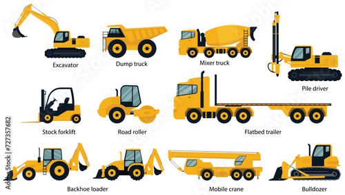 Set of Construction machines. Heavy machinery for Excavator, Dump, truck, Mixer, truck, Pile, driver, Stock, forklift, Road, roller, Flatbed, trailer, Backhoe, loader, Mobile, crane, Bulldozer. Vector