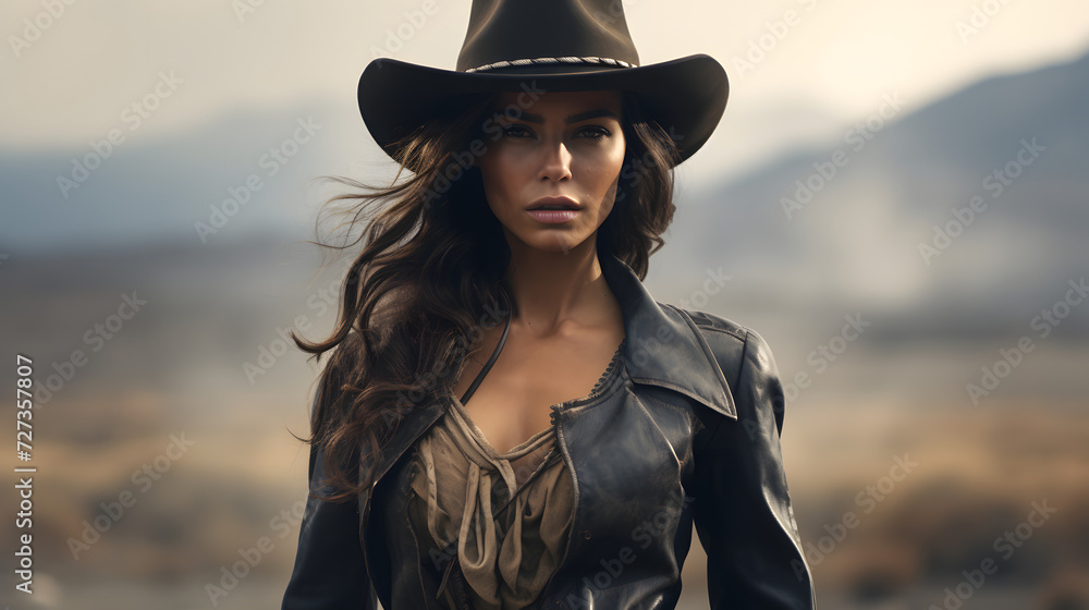 Portrait of a woman in the wild west in a cowboy outfit Portrait of a woman in the wild west in a cowboy outfit