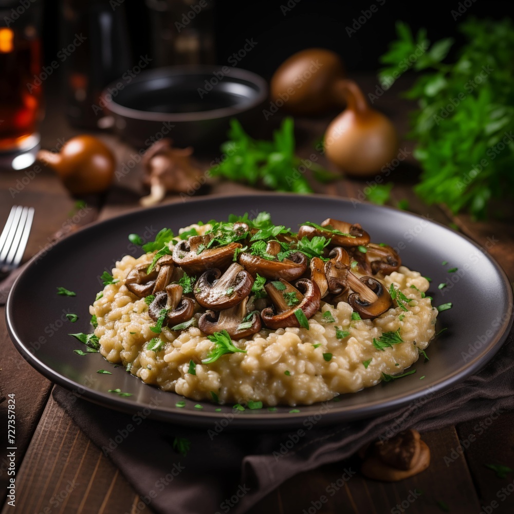 Side View of a Delicious Plate of Italian Mushroom Risotto on a Wooden Table Side View of a Delicious Plate of Italian Mushroom Risotto on a Wooden Table