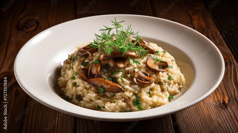 Side View of a Delicious Plate of Italian Mushroom Risotto with Herbs Side View of a Delicious Plate of Italian Mushroom Risotto with Herbs