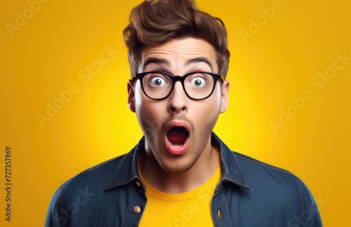 Young guy with a surprised face and open mouth on a yellow background © GoLyaf