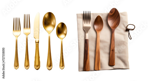 Golden and Wooden Cutlery Mockup: Set of Fork, Knife, Spoon, Isolated on Transparent Background, PNG