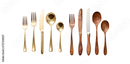 Mockup Set of Golden and Wooden Cutlery: Fork, Knife, Spoon, Isolated on Transparent Background, PNG