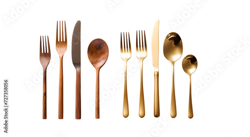 Mockup of Wooden and Golden Cutlery: Set of Fork, Knife, Spoon, Isolated on Transparent Background, PNG