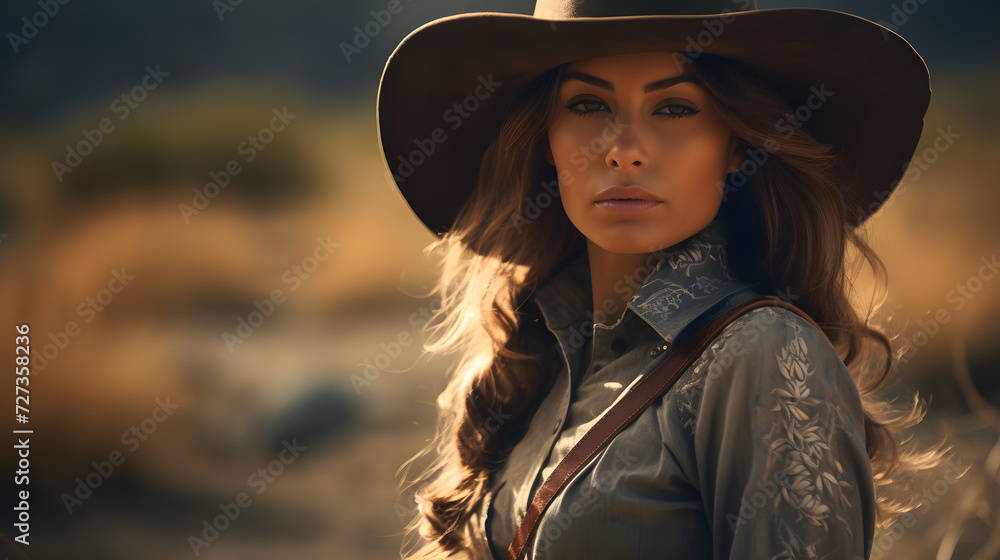 Portrait of a woman in the wild west in a cowboy outfit Portrait of a woman in the wild west in a cowboy outfit