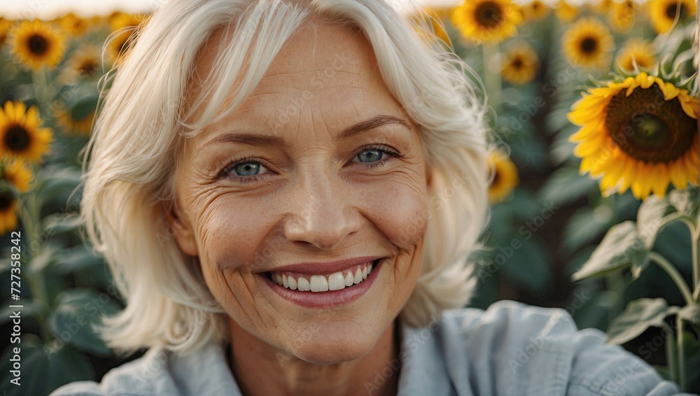 Joyful elderly woman with short white hair in a sunflower field, exhibiting a warm smile and blue eyes. Joyful elderly woman with short white hair in a sunflower field, exhibiting a warm smile and blue eyes.
