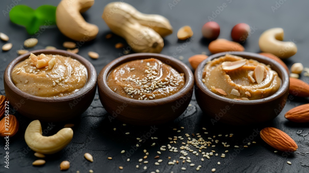 Peanut butter in a bowl with nuts on a dark background. Peanut butter in a bowl with nuts on a dark background.