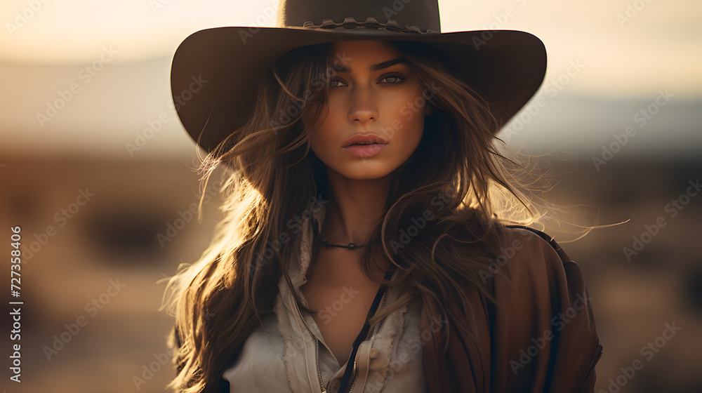 Portrait of a woman in the wild west in a cowboy outfit Portrait of a woman in the wild west in a cowboy outfit