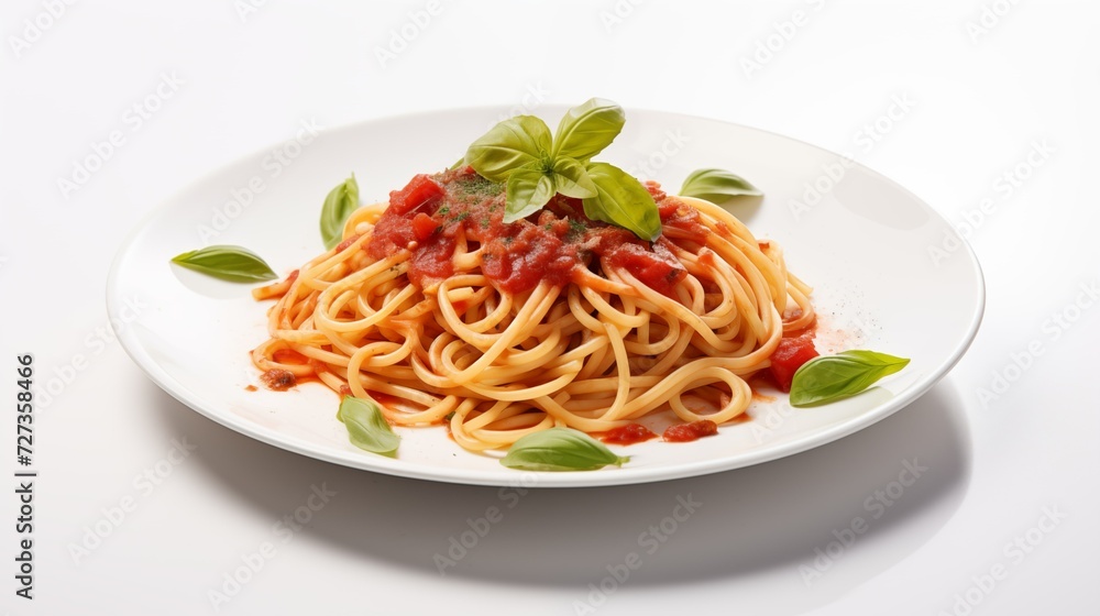 Side view of a delicious plate of spaghetti with tomato sauce and basil on a white background Side view of a delicious plate of spaghetti with tomato sauce and basil on a white background