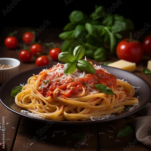 Close-up of a delicious plate of spaghetti with tomato sauce, basil and parmesan