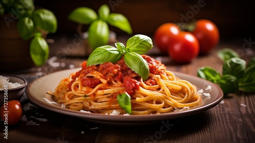 Close-up of a delicious plate of pasta with tomato sauce and basil on a wooden table