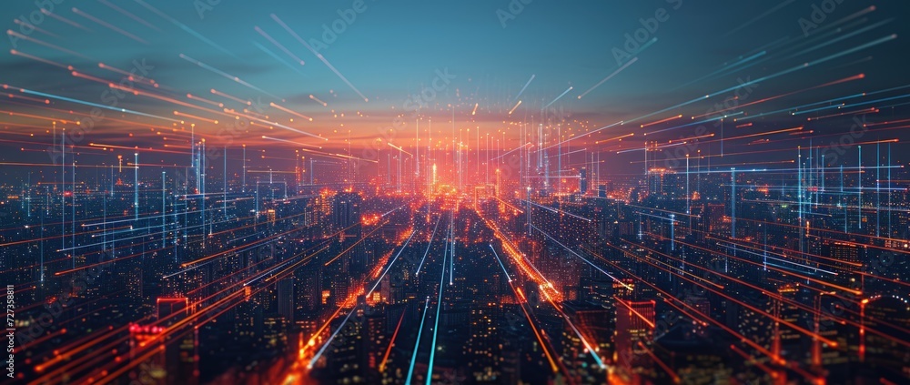 Fototapeta premium A city with lights and fiber optic highways concept. Generate AI image