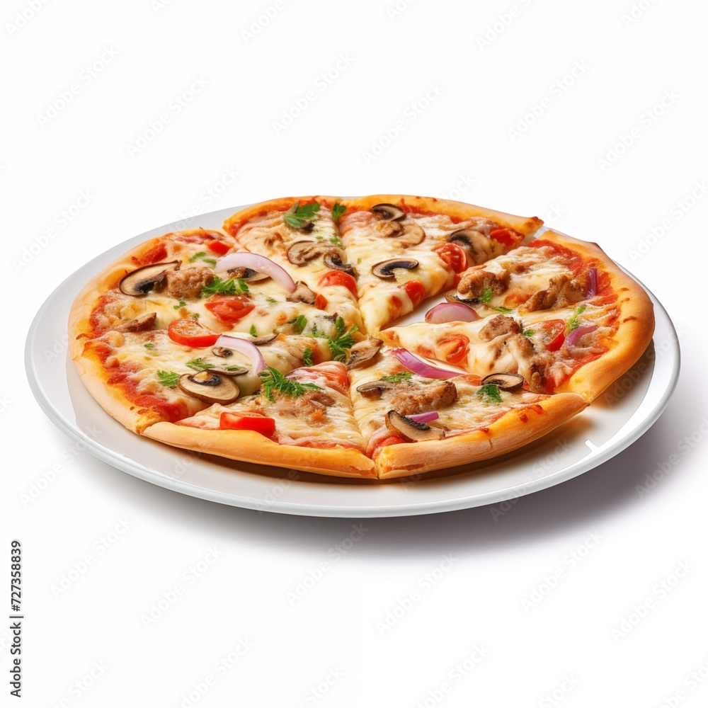 Side view of a delicious Italian pizza on a white background