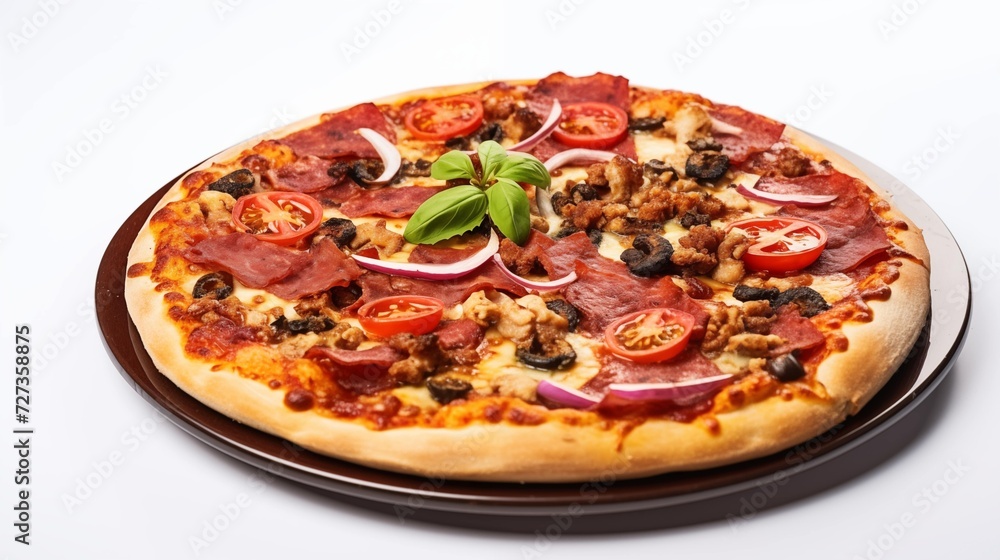 Side view of a delicious Italian pizza on a white background