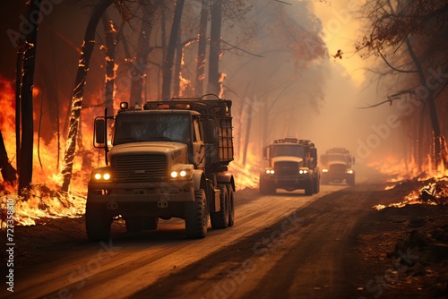 Big trucks are coming with help to extinguish the forest fire.