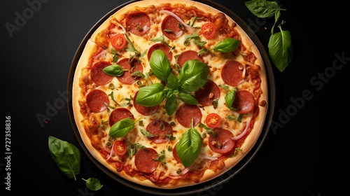 Top view of a delicious Italian pizza on a black background