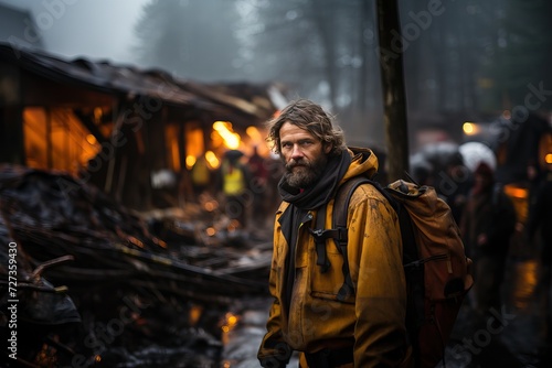 Portrait of a firefighter on the background of a fire. A rocket attack on the civilian population during the war.