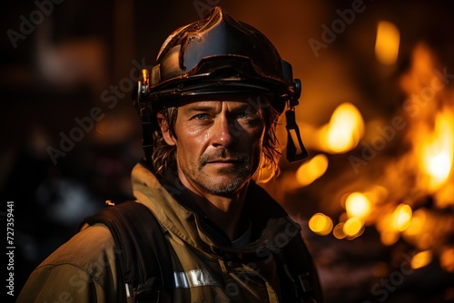 Portrait of a firefighter on the background of a fire. © Niko_Dali