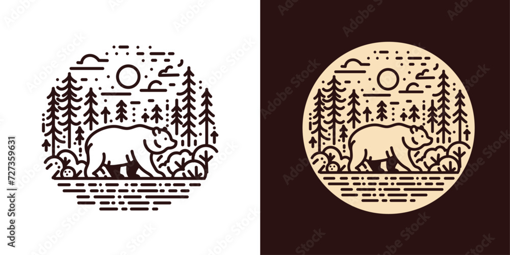 Obraz premium Beautiful outdoor bear in forest handdrawn vintage vector illustration emblem