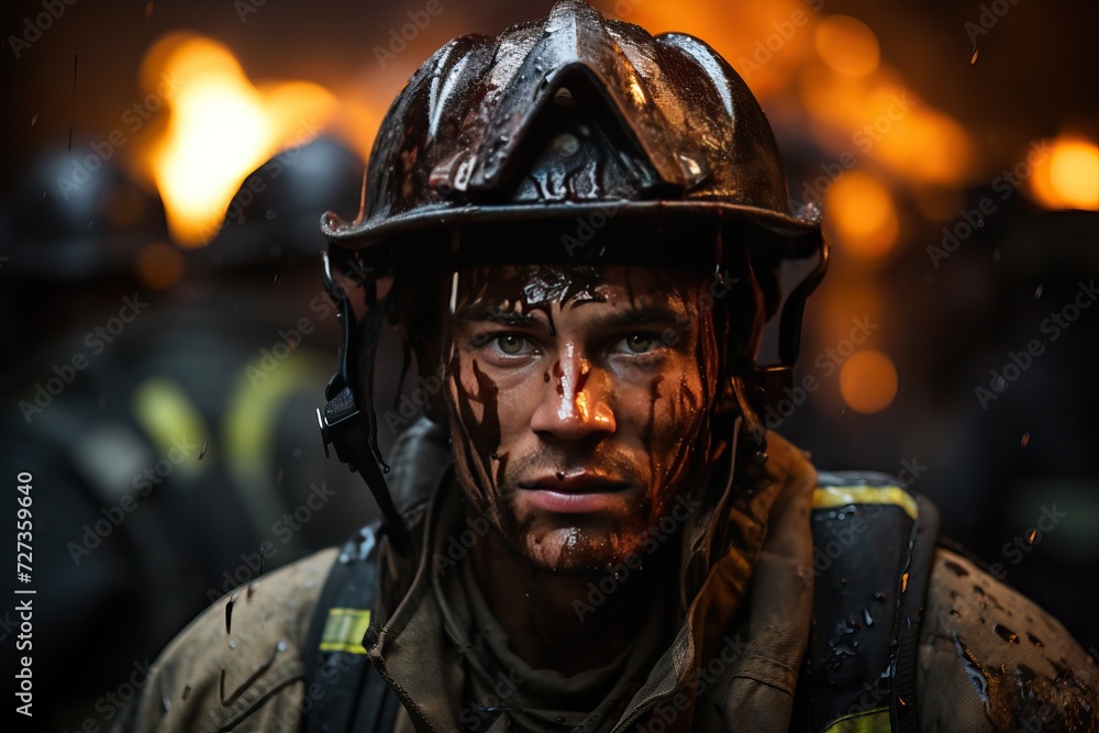 Portrait of a tired firefighter on the background of an unextinguished fire. Portrait of a tired firefighter on the background of an unextinguished fire.