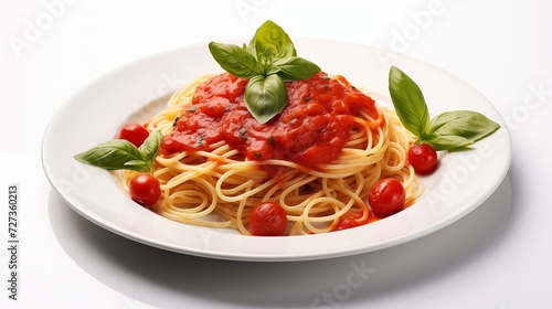 Side view of delicious plate of spaghetti with tomato sauce on a white background