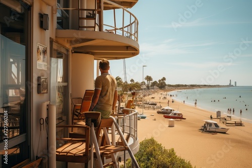 A lifeguard observes the beach and people from the observation post of the station. photo