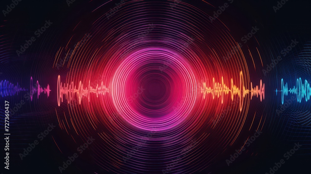 Circular soundwave background, featuring a futuristic RGB wallpaper with vibrant neon wave lights. Circular soundwave background, featuring a futuristic RGB wallpaper with vibrant neon wave lights.