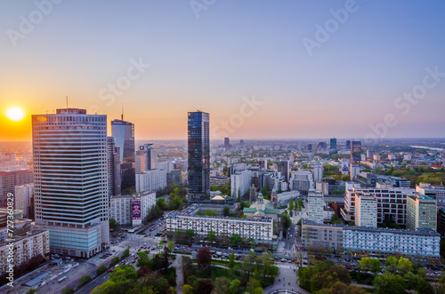 Warsaw city with modern skyscraper at sunset