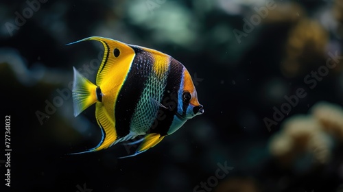 Close-up of angelfish fish on black background in aquarium