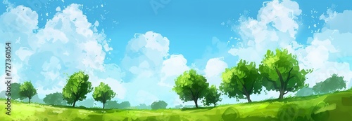 Green Scenery with Clouds and Trees - Stock Illustration  