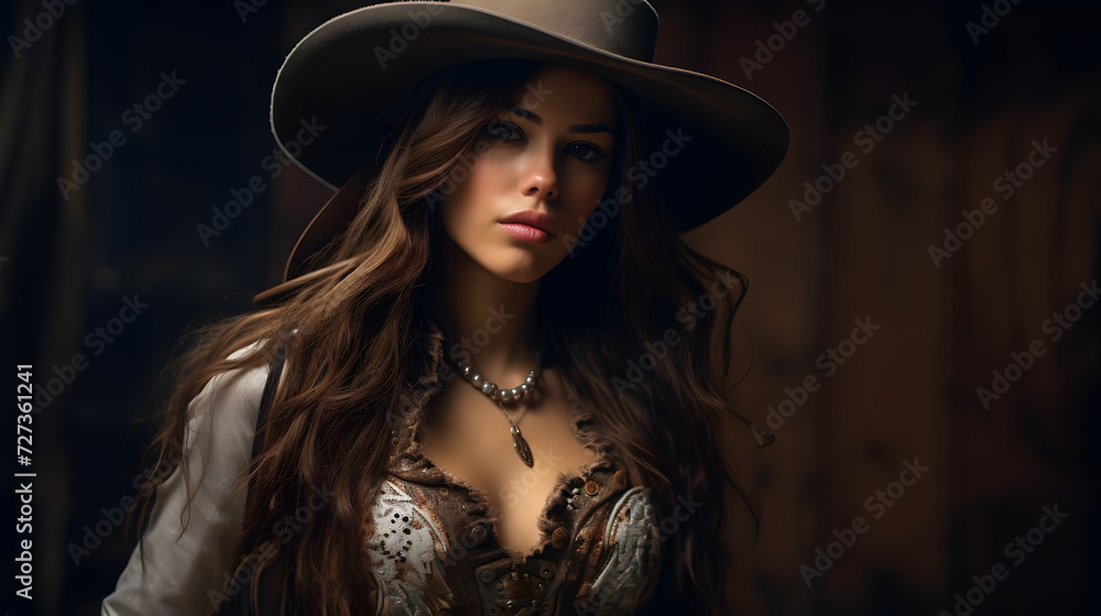 Portrait of a woman in the wild west in a cowboy outfit Portrait of a woman in the wild west in a cowboy outfit
