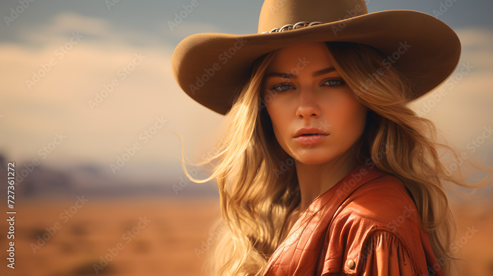 Portrait of a woman in the wild west in a cowboy outfit Portrait of a woman in the wild west in a cowboy outfit