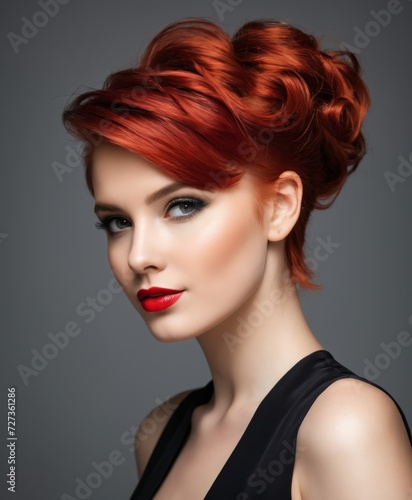 Portrait of a fashionable young girl with stylish hairstyle and red hair