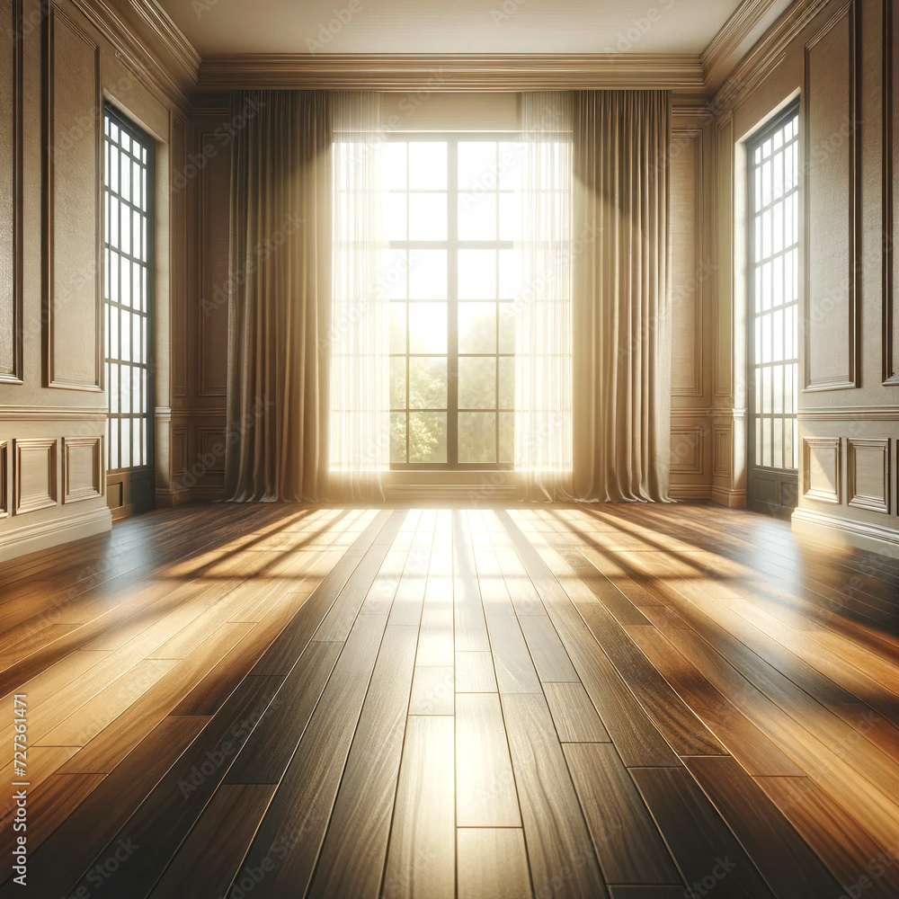 Obraz premium Empty room for interior design with wooden floor, beautiful light from the window.